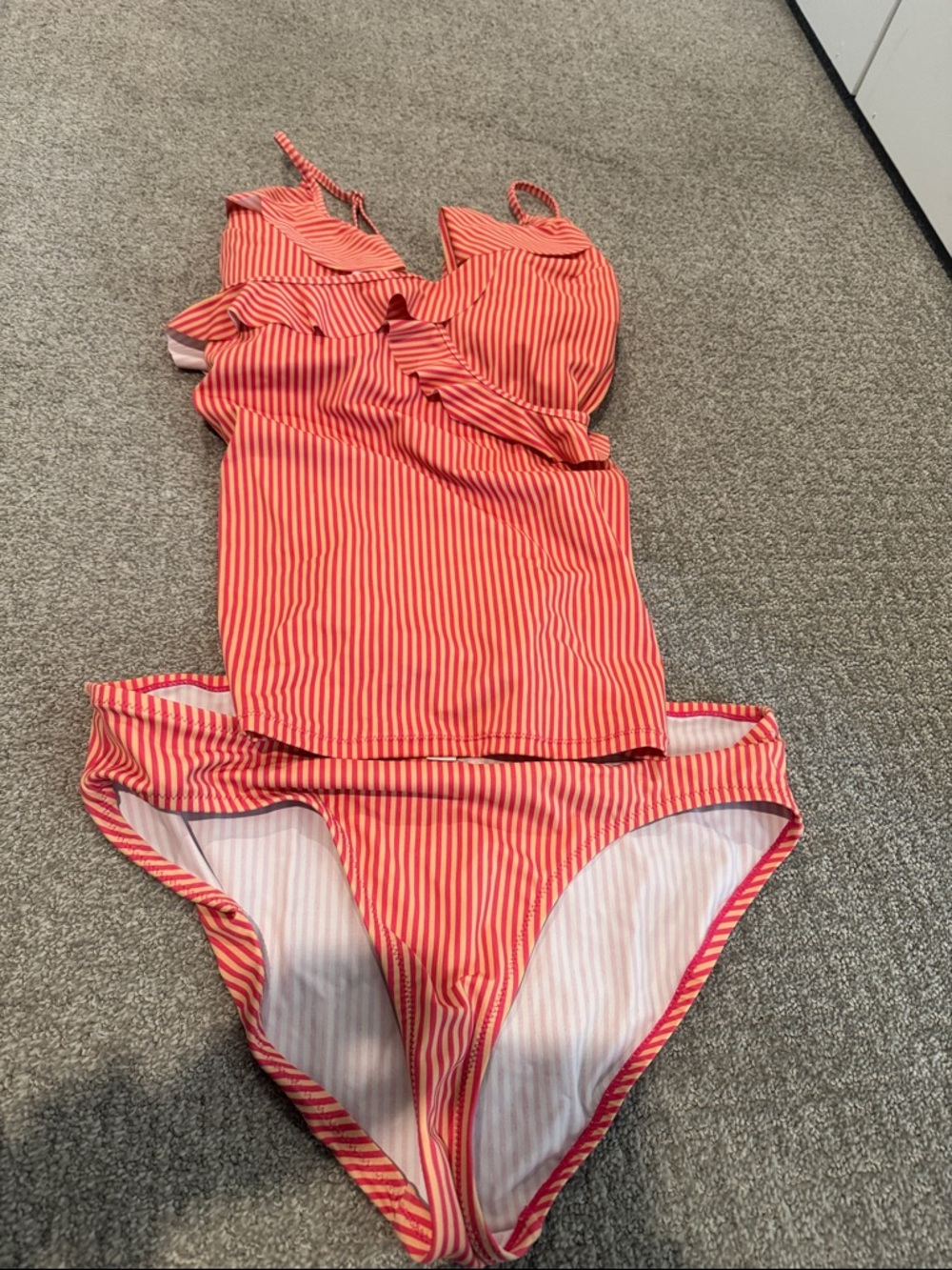 Motherhood Pink and Red Striped Maternity tankini set.